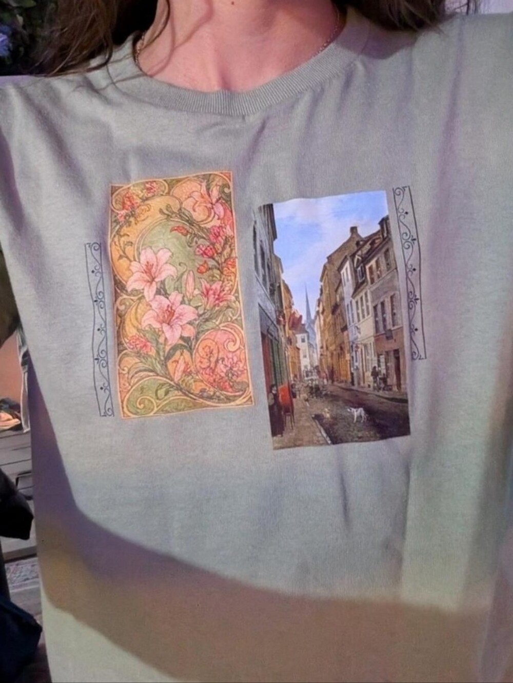 Green Graphic Tee with Vintage Inspired Floral & European Street Prints